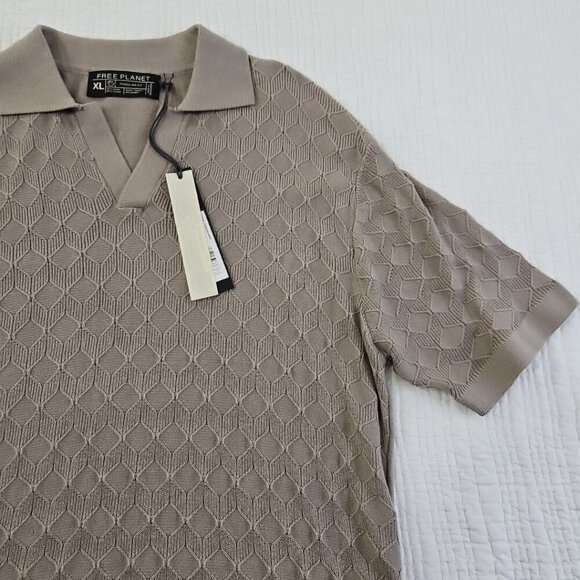 Free Planet Knit Shirt Men's XL Taupe Geometric Pattern Short Sleeve NWT - Picture 5 of 15